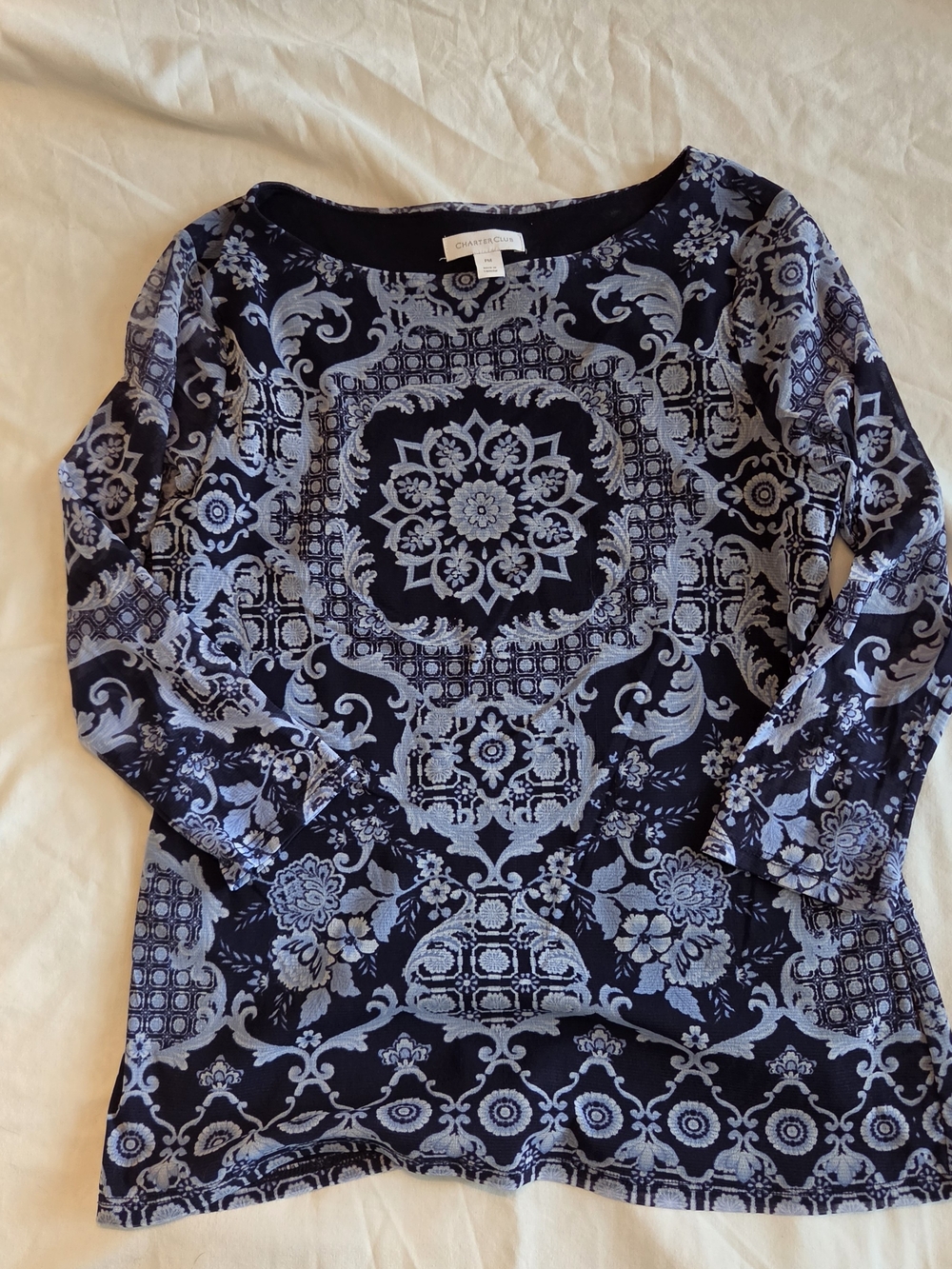 Charter Club Navy and Light Blue Damask Blouse Long Sleeve